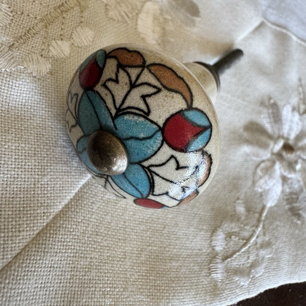 Bohemian White Ceramic Knob Pull ~ Blue Flowers Red Accent & Metal Button Center